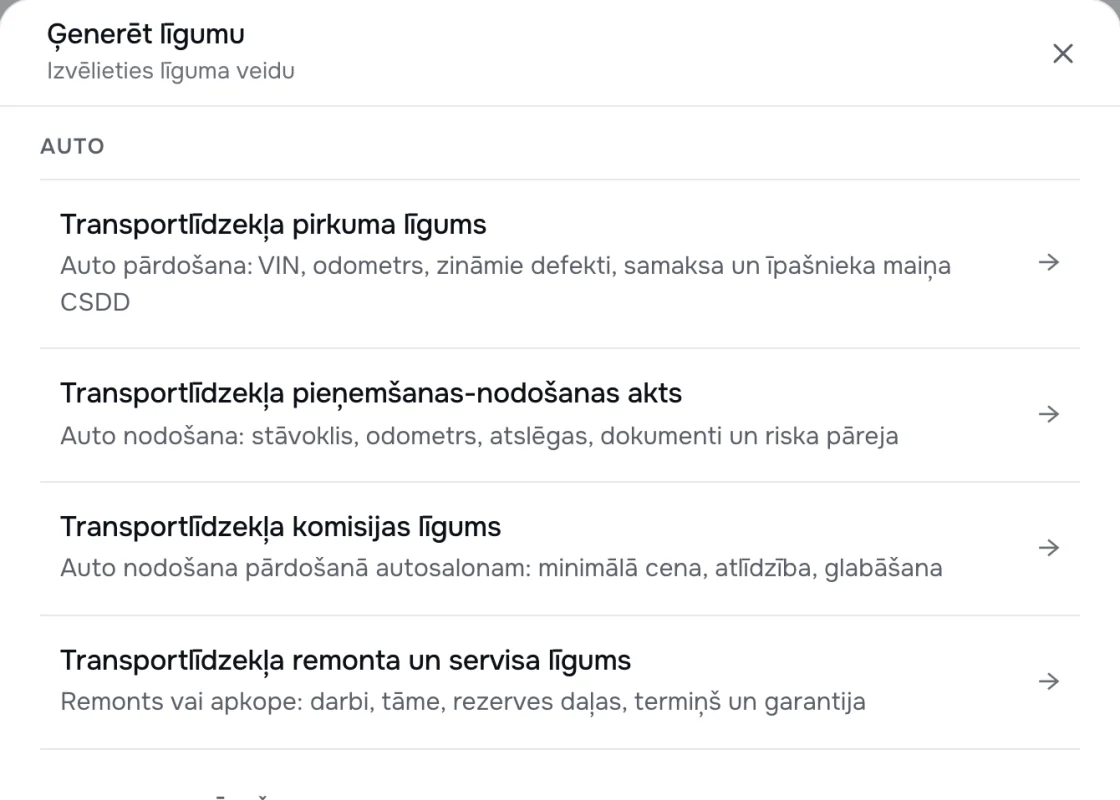 Lexio ģeneratorā līguma veida izvēle ar grupu Auto